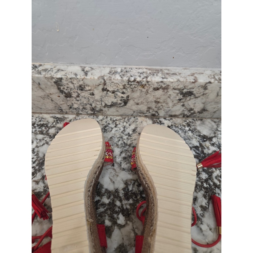 Refresh Red Boho Beaded Espadrille Wedge Sandals Ankle Tie Tassel 40 EU 9.5 US - Picture 7 of 13